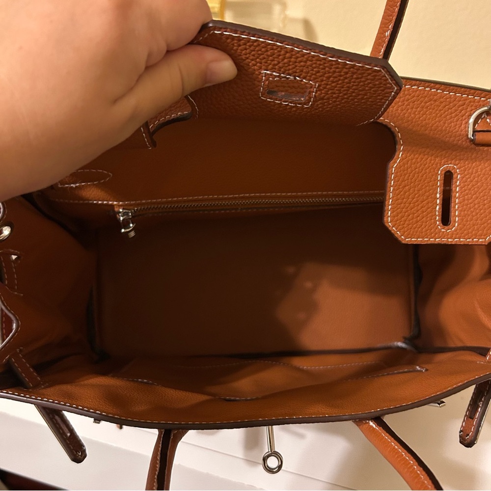 30cm Round Top Handle Front Pockets Satchel Brown - Picture 6 of 8